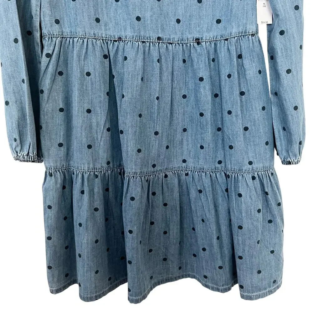Gap Girls Blue Polka Dot Tiered Long Sleeve Denim Dress Size XL/12 NWT
